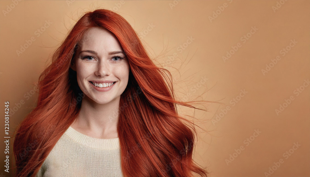 Fototapeta premium Elegant Portrait of a Smiling Woman with Pastel Background and Studio Lighting