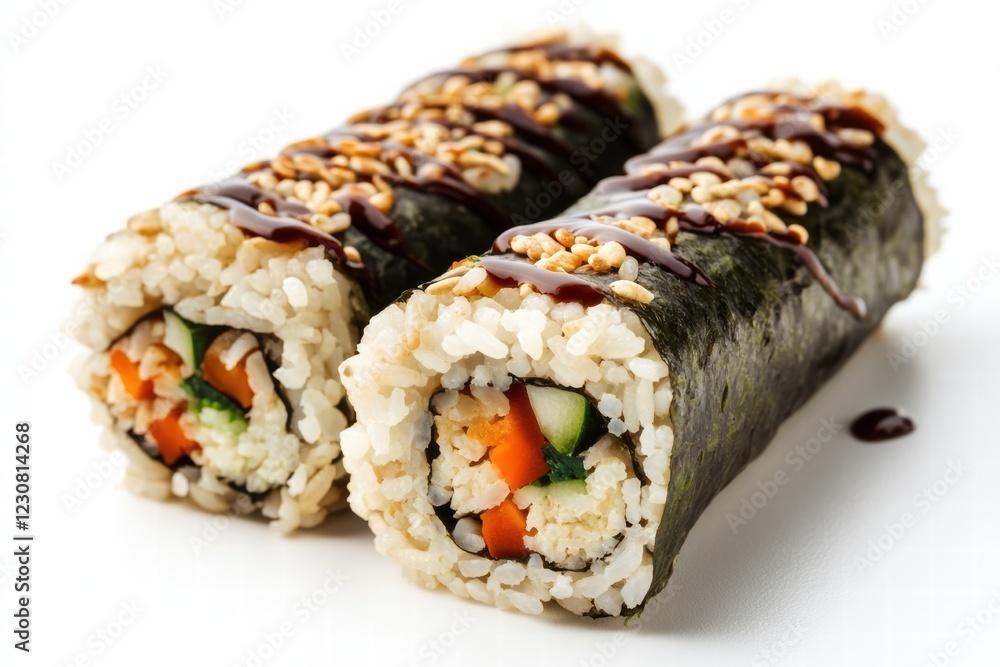 Fresh sushi rolls with vegetables and savory sauce served in a wrap style Fresh sushi rolls with vegetables and savory sauce served in a wrap style