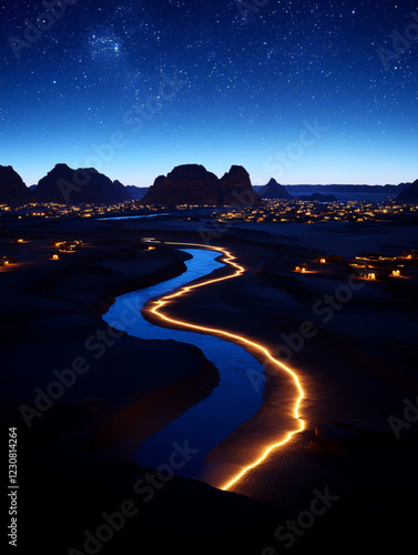 Starry desert night with glowing stream and distant civilization lights