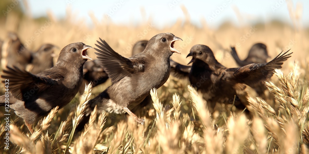 Obraz premium A group of lively birds flutters up from a golden wheat field.