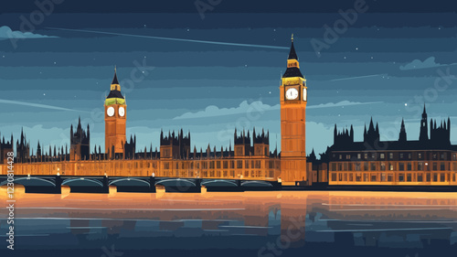 This image captures a quiet evening view of London, showcasing iconic landmarks such as Big Ben and the Houses of Parliament illuminated against a clear sky..vector illustration.