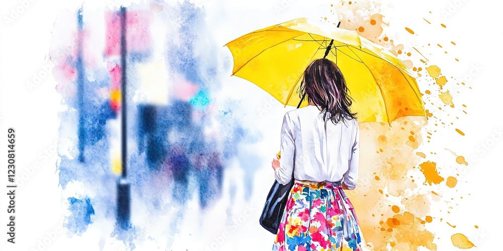Fototapeta premium watercolor woman wearing white blouse, floral skirt, holding yellow umbrella in the rain 