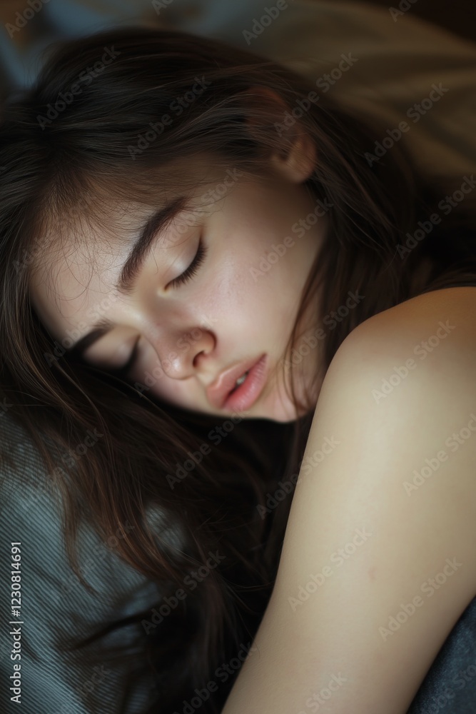 An idyllic image depicting a girl sleeping soundly, embracing the comfort and warmth of her bed. An idyllic image depicting a girl sleeping soundly, embracing the comfort and warmth of her bed.