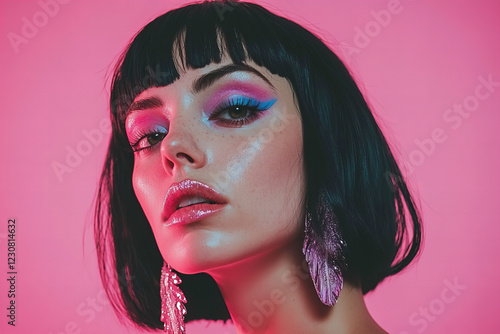 Wallpaper Mural Vibrant neon portrait featuring striking makeup, bold colors, and fashionable accessories for editorial, beauty campaigns, or pop culture themes Torontodigital.ca