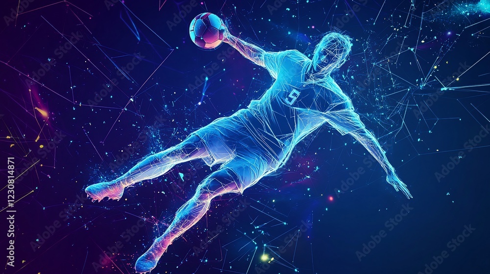 Futuristic soccer player with digital lines and a blue background is in action Futuristic soccer player with digital lines and a blue background is in action