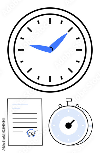 Clock, stopwatch, and signed document emphasize time management, deadlines, productivity, and efficiency. Ideal for planning, task prioritization, business timing contracts scheduling punctuality