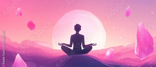 Serene Woman Meditating in Pink Crystal Landscape at Sunset
