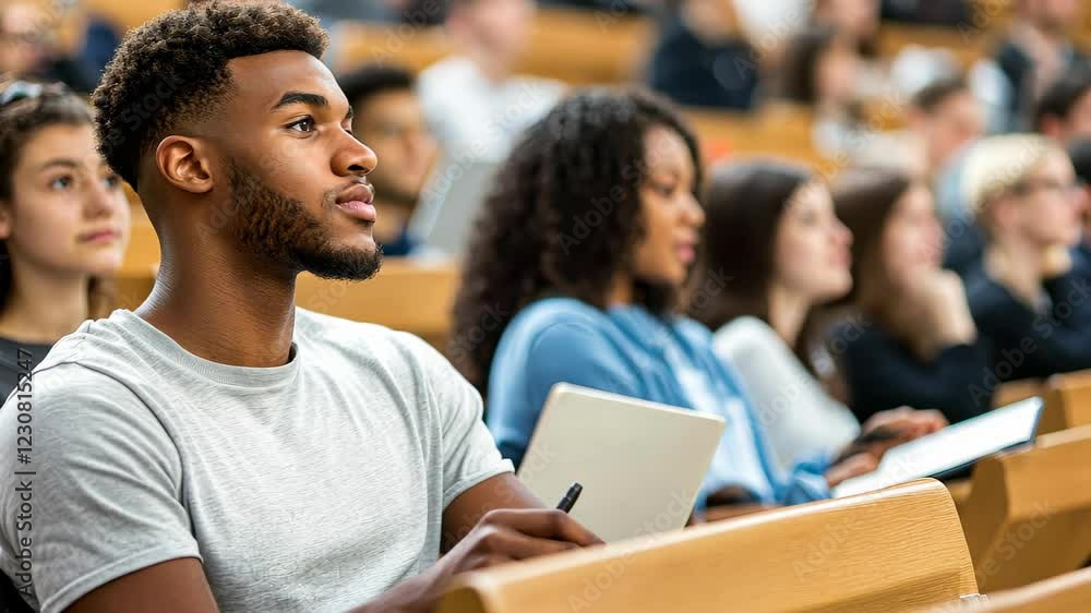 Diverse college students actively engaged in a daytime lecture, taking notes and collaborating in a bright, focused classroom. Diverse college students actively engaged in a daytime lecture, taking notes and collaborating in a bright, focused classroom.