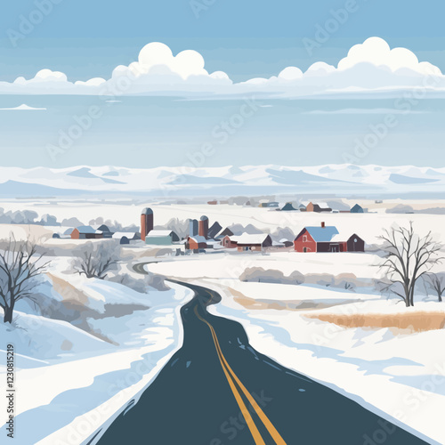 
This image captures the peaceful winter beauty of Fargo, North Dakota. The snow-dusted landscape stretches across the horizon, along with a quiet, rural road winding through the fields. vector illust