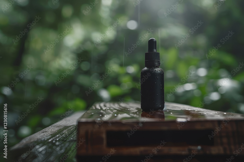 Black dropper bottle on a wet wooden surface with raindrops, surrounded by lush greenery in a natural, serene outdoor setting Black dropper bottle on a wet wooden surface with raindrops, surrounded by lush greenery in a natural, serene outdoor setting