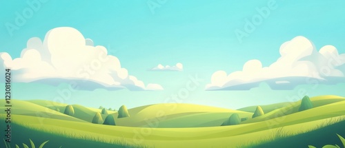 Smiling Cartoon Hills Landscape, Idyllic Green Meadow, Sunny Day