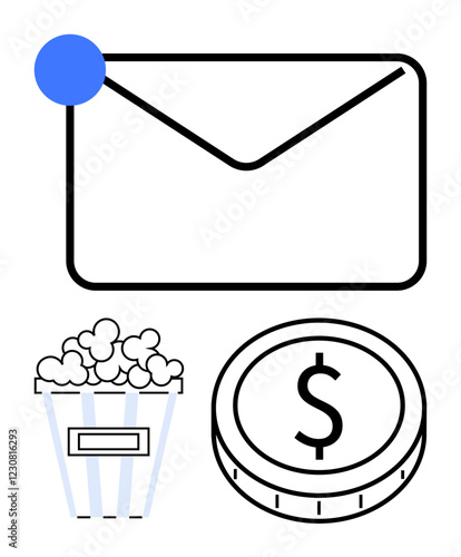 Large envelope with blue notification icon, popcorn bucket, and coin. Ideal for messaging, notifications, entertainment, payments, marketing, subscriptions and digital transactions abstract line