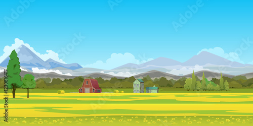 Nature and landscape. Farm in the field, blooming meadow, forest and mountain range on the horizon. Wooden farm, brick house, meadow for pasture with haystack, panoramic view. Vector cartoon