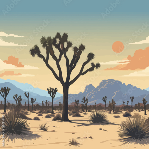 This image depicts the breathtaking and iconic desert landscape of Joshua Tree National Park in Southern California. vector illustration.