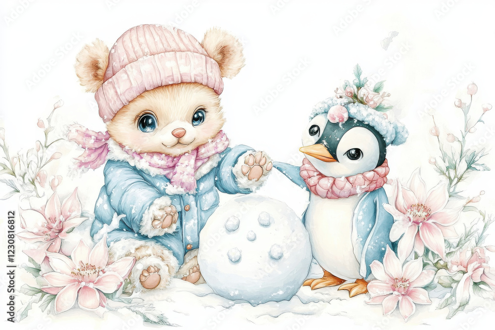 Cute bear and penguin playing in snow, creating snowball together. scene is adorned with flowers and winter elements, evoking joyful winter atmosphere Cute bear and penguin playing in snow, creating snowball together. scene is adorned with flowers and winter elements, evoking joyful winter atmosphere