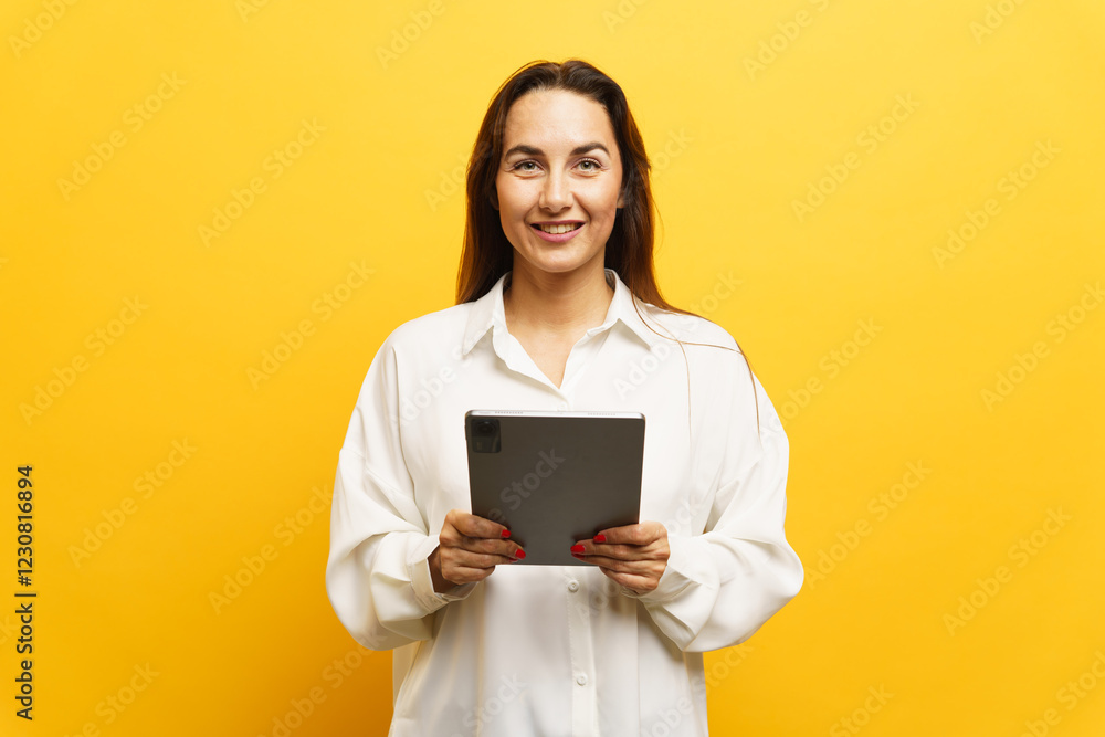 Woman holding a tablet while smiling in front of a bright yellow background during a casual indoor moment Woman holding a tablet while smiling in front of a bright yellow background during a casual indoor moment