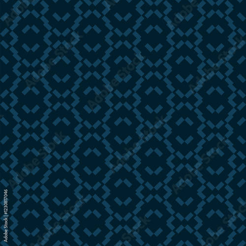 Abstract geometric seamless pattern with ethnic folk motif. Simple deep blue geometrical ornament texture with broken lines, chevron, zigzag. Subtle geo background. Repeated decorative vector design