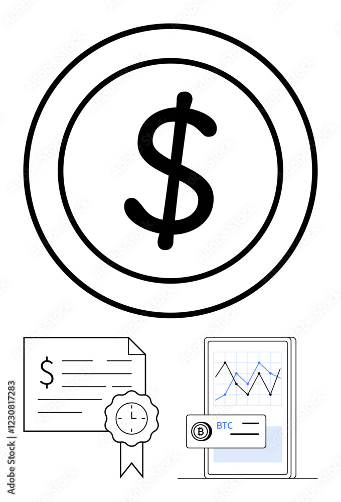 Large dollar sign within a circle, financial certificate with ribbon seal, smartphone showing a BTC digital currency graph. Ideal for finance, investment, cryptocurrency, market analysis, business Large dollar sign within a circle, financial certificate with ribbon seal, smartphone showing a BTC digital currency graph. Ideal for finance, investment, cryptocurrency, market analysis, business