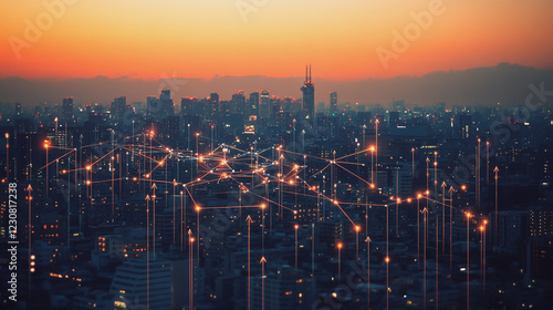 Wallpaper Mural Abstract business man stands on Smart digital Innovation city with connection network reciprocity over the twilight cityscape. of future wireless digital city and social media networking systems Torontodigital.ca