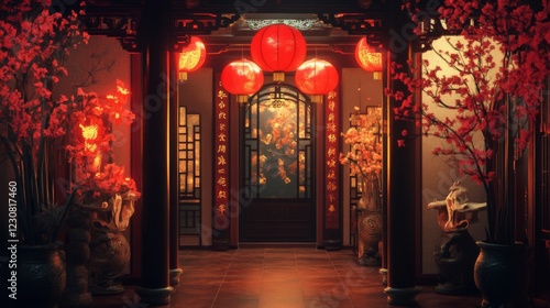 Wallpaper Mural Red Lanterns Illuminate Traditional Asian Building Entrance at Night Torontodigital.ca