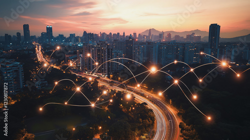 Abstract business man stands on Smart digital Innovation city with connection network reciprocity over the twilight cityscape. of future wireless digital city and social media networking systems
