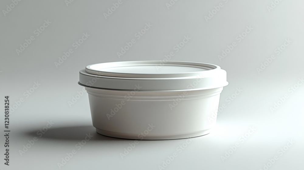A detailed 3D round food container mockup, showcasing the lid and container shape, with soft ambient lighting creating subtle shadows A detailed 3D round food container mockup, showcasing the lid and container shape, with soft ambient lighting creating subtle shadows