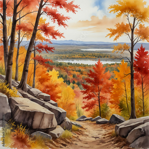 watercolor of Rib Mountain State Park in Wausau, Wisconsin, during fall. Capture the mountain covered in a stunning display of red, orange, and gold foliage.  photo