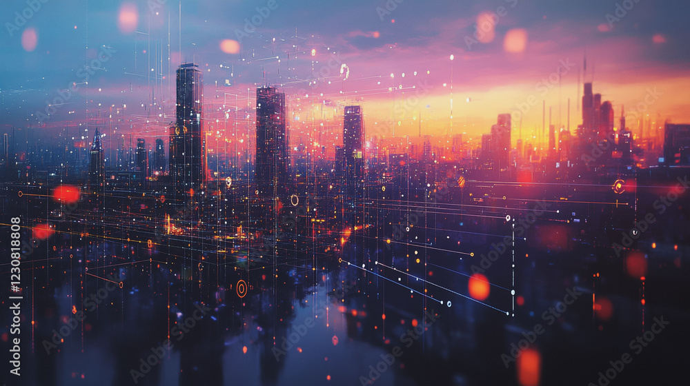 Fototapeta premium Abstract business man stands on Smart digital Innovation city with connection network reciprocity over the twilight cityscape. of future wireless digital city and social media networking systems