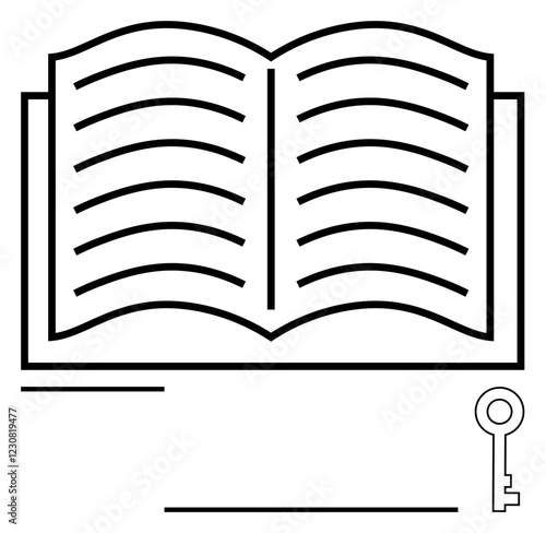 Open book with visible pages and key icon below, connecting knowledge, learning, and discovery. Ideal for education, inspiration, opportunity, personal growth, empowerment advice abstract line flat