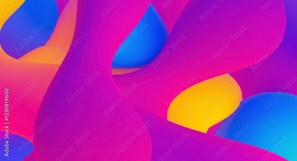 Abstract Fluid Forms: A vibrant composition of flowing, abstract shapes in a palette of pink, purple, blue, and yellow, creating a dynamic and visually stimulating design.