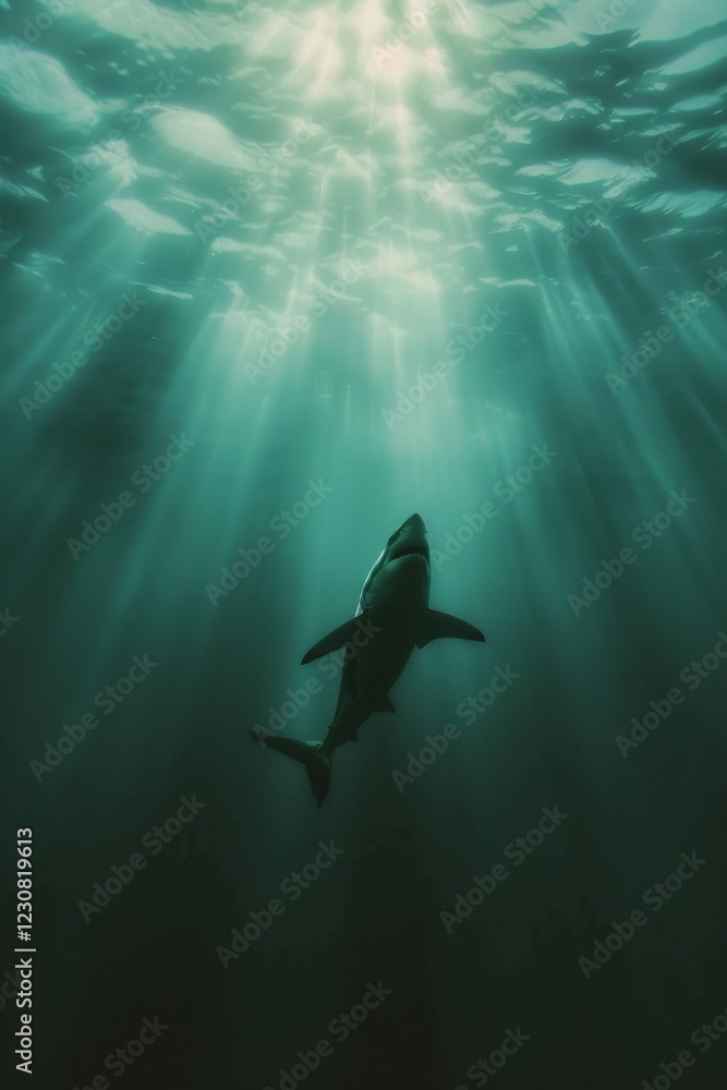 Obraz premium Great white shark in dark waters. Ocean apex predator. Marine life, shark.