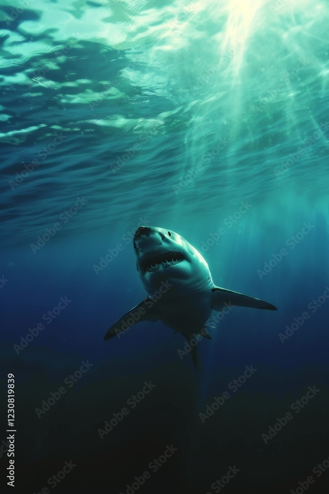 Fototapeta premium Great white shark in dark waters. Ocean apex predator. Marine life, shark. 