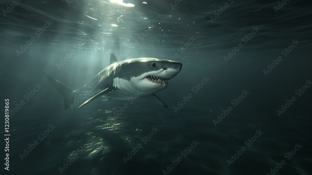 Great white shark in dark waters. Ocean apex predator. Marine life, shark.
Great white shark in dark waters. Ocean apex predator. Marine life, shark.