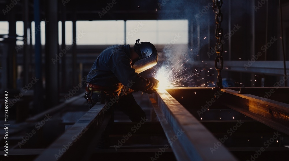 A focused shot of a welder performing structural welding on steel beams at a bridge construction site, Bridge welding scene, Skilled and meticulous style A focused shot of a welder performing structural welding on steel beams at a bridge construction site, Bridge welding scene, Skilled and meticulous style