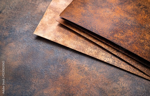 Warm metallic copper sheets featuring textured surfaces are stacked against a similar background, enhancing an industrial design aesthetic with rich tones and intricate details photo