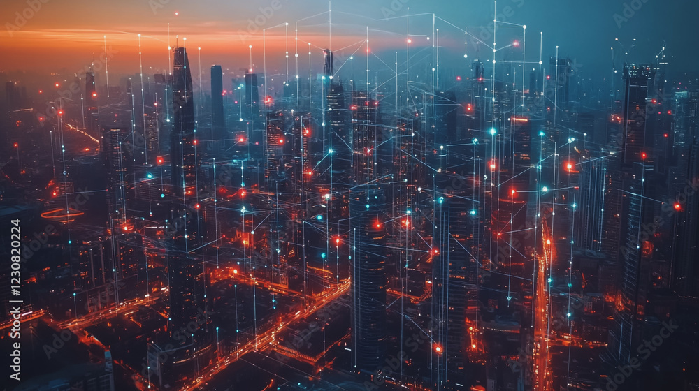 Fototapeta premium Abstract business man stands on Smart digital Innovation city with connection network reciprocity over the twilight cityscape. of future wireless digital city and social media networking systems