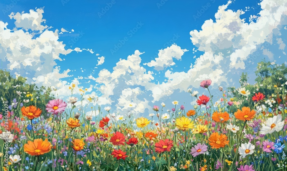 Vibrant wildflowers bloom under a sunny sky. Vibrant wildflowers bloom under a sunny sky.