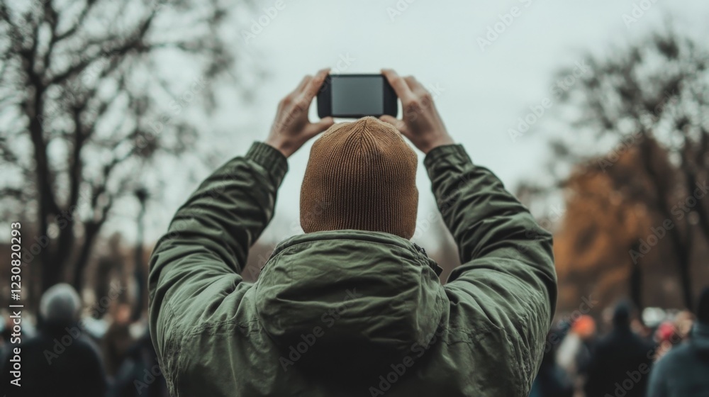 Man using phone to photograph a crowd outdoors. Man using phone to photograph a crowd outdoors.