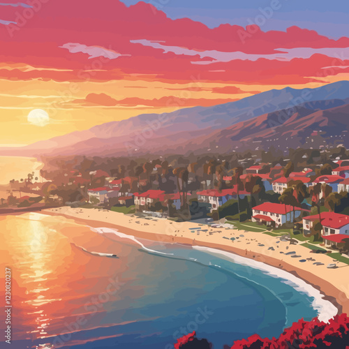 This photo of Santa Barbara, California reveals the stunning beauty of this coastal city. Set against a vibrant sunset, the image features Santa Barbara's iconic red-tiled rooftops. vector