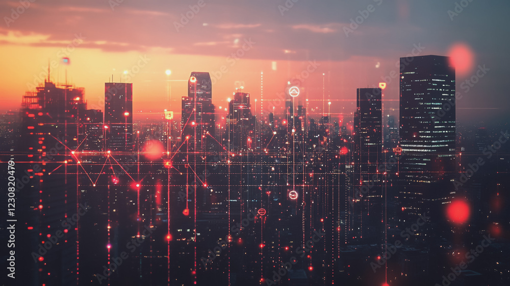Obraz premium Abstract business man stands on Smart digital Innovation city with connection network reciprocity over the twilight cityscape. of future wireless digital city and social media networking systems