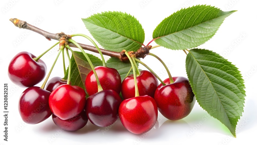 Fresh Red Cherries on Branch with Leaves Fresh Red Cherries on Branch with Leaves
