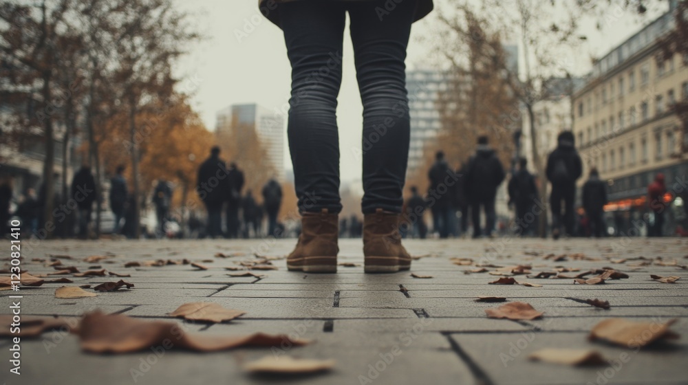 Fototapeta premium Person standing on autumn leaves-covered pavement, facing a crowd.