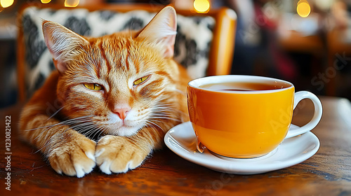 Adorable ginger cat resting peacefully beside a cup of tea in a cozy cafe setting. Warm, inviting image perfect for blogs, websites, or petrelated content. Evokes feelings of comfort and relaxation. photo