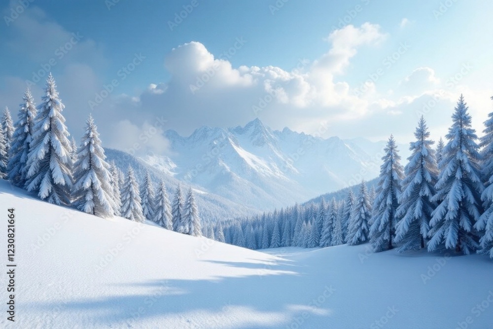 Winter wonderland with snow-covered hills and trees, winter, white, snow Winter wonderland with snow-covered hills and trees, winter, white, snow