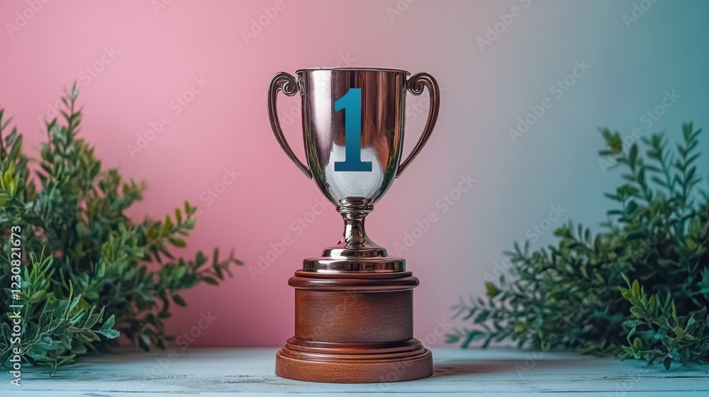Fototapeta premium A matte silver trophy with a minimalistic number 1 etched into its surface, set against a gradient white-to-gray background, clean and sleek aesthetic 