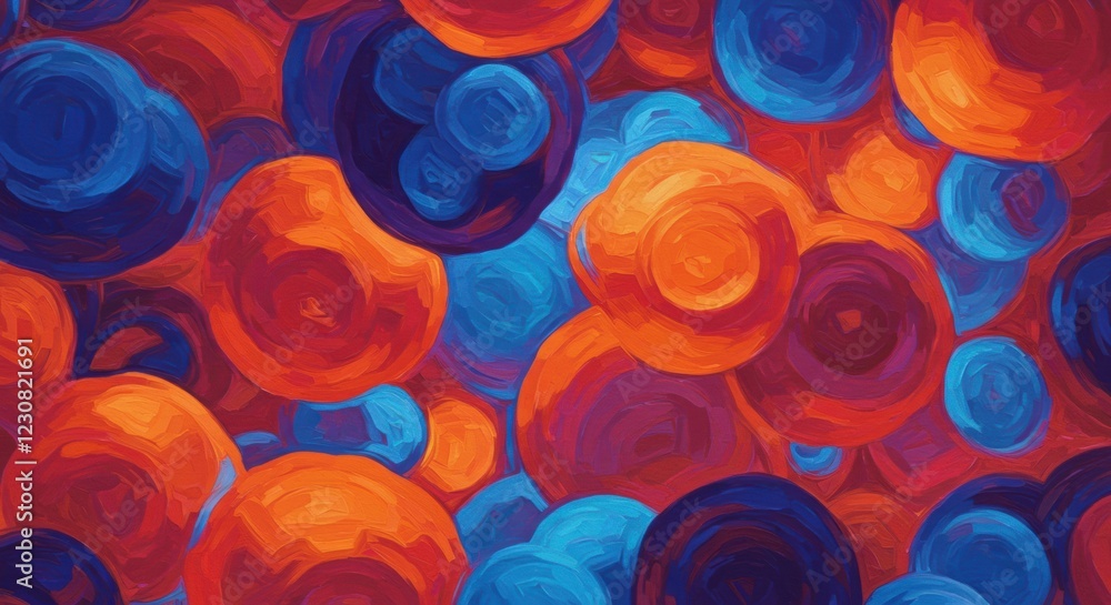 Abstract Sphere Composition: A vibrant and captivating abstract artwork featuring a multitude of overlapping spheres in a rich palette of warm oranges, deep blues, and purples.