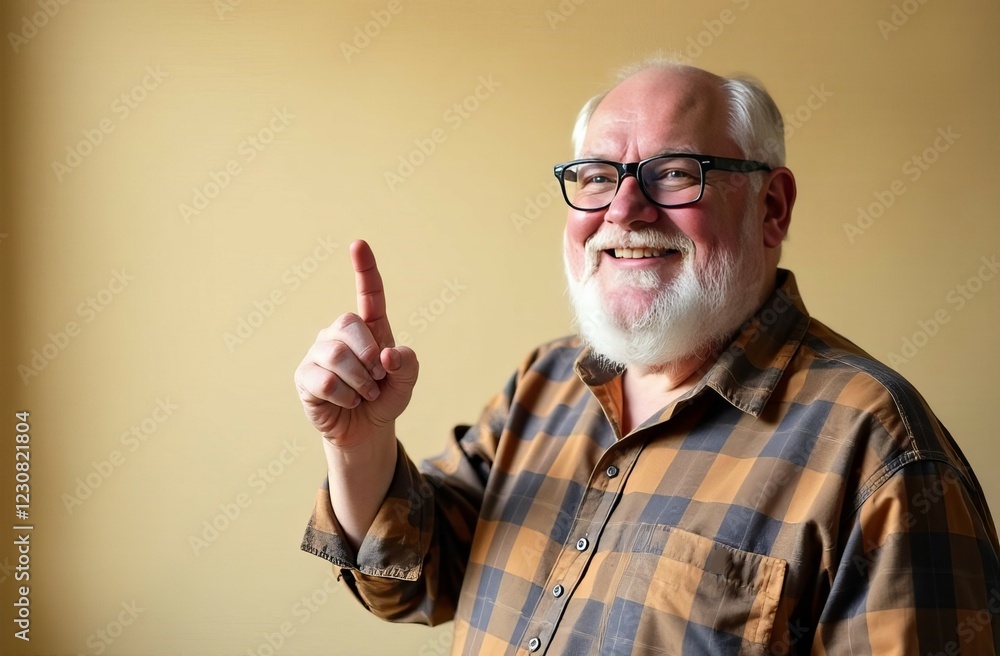Naklejka premium Cheerful, large elderly man in glasses with a beard smiles and points with his finger. Checkered shirt, light beige tone with shadows. Empty space for text, banner.