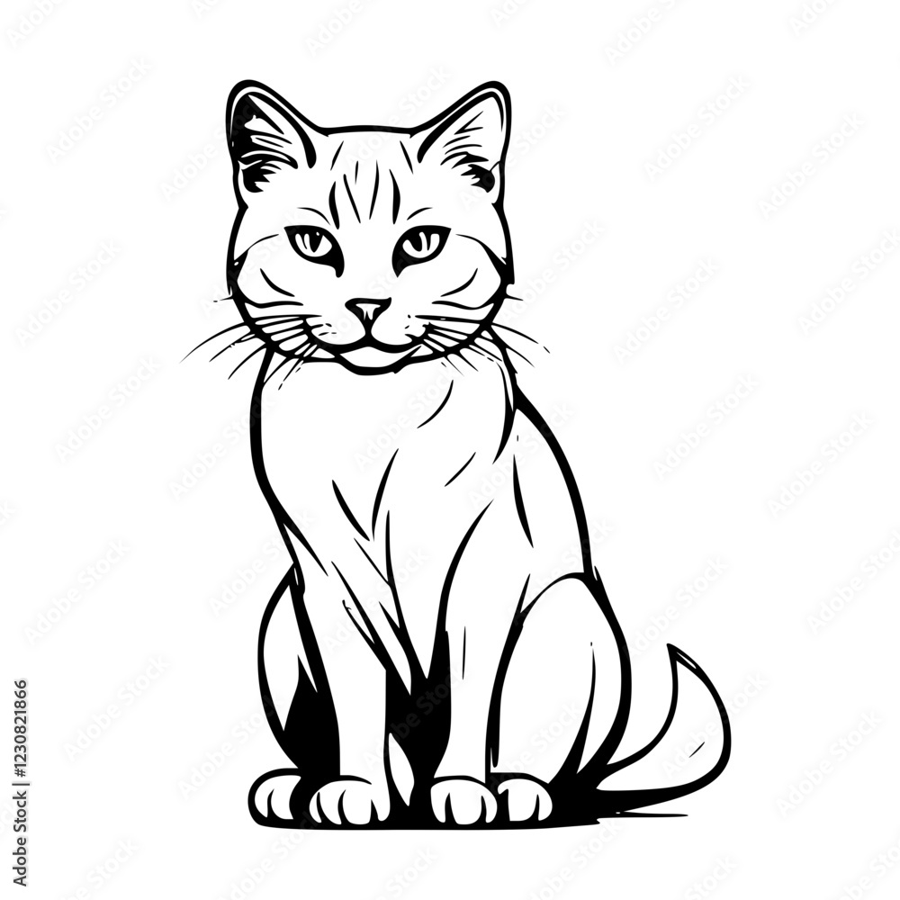 Obraz premium Cute cat illustration sitting elegantly with minimalist design on white background for pets concept