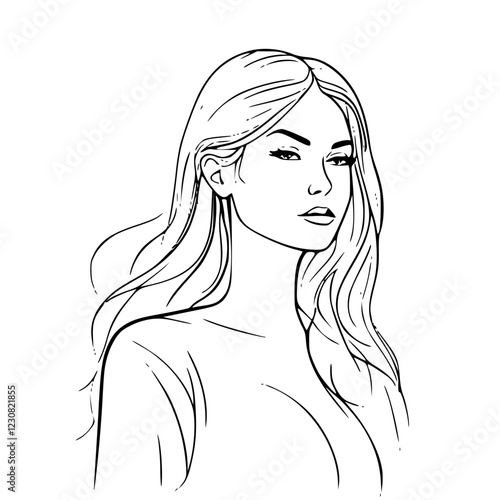 Stylish woman portrait illustration with flowing hair on white background for beauty concept