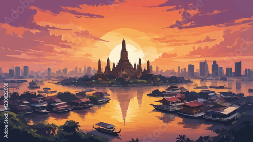 This stunning painting of Bangkok at sunset depicts a breathtaking fusion of the city's historic temples and modern skyscrapers. vector illustration.